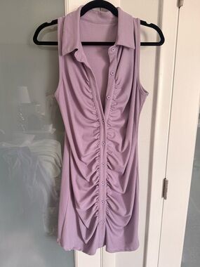 Sleeveless Ruched Button-Front Collared Mini Dress in Lavender